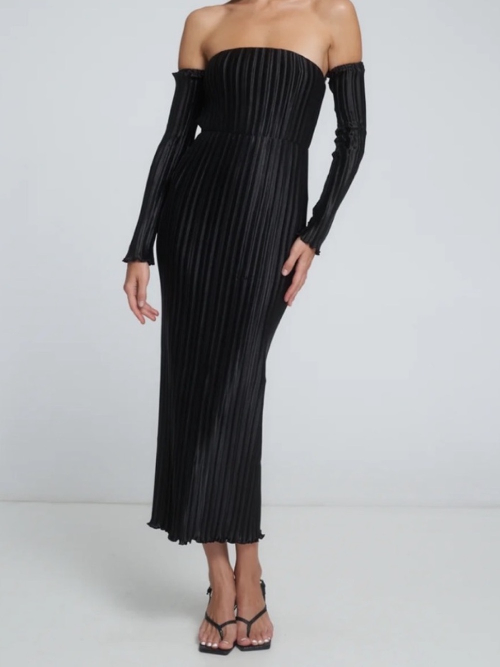 L’IDEE Gastby Pleaded Cold Shoulder Black Midi Dress - Detachable Long Sleeves